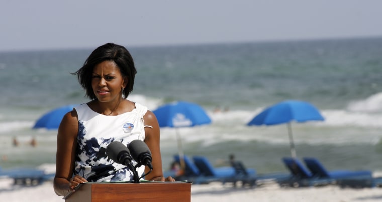 Image: U.S. First lady Michelle Obama speaks during an event on Panama City Beach, Florida